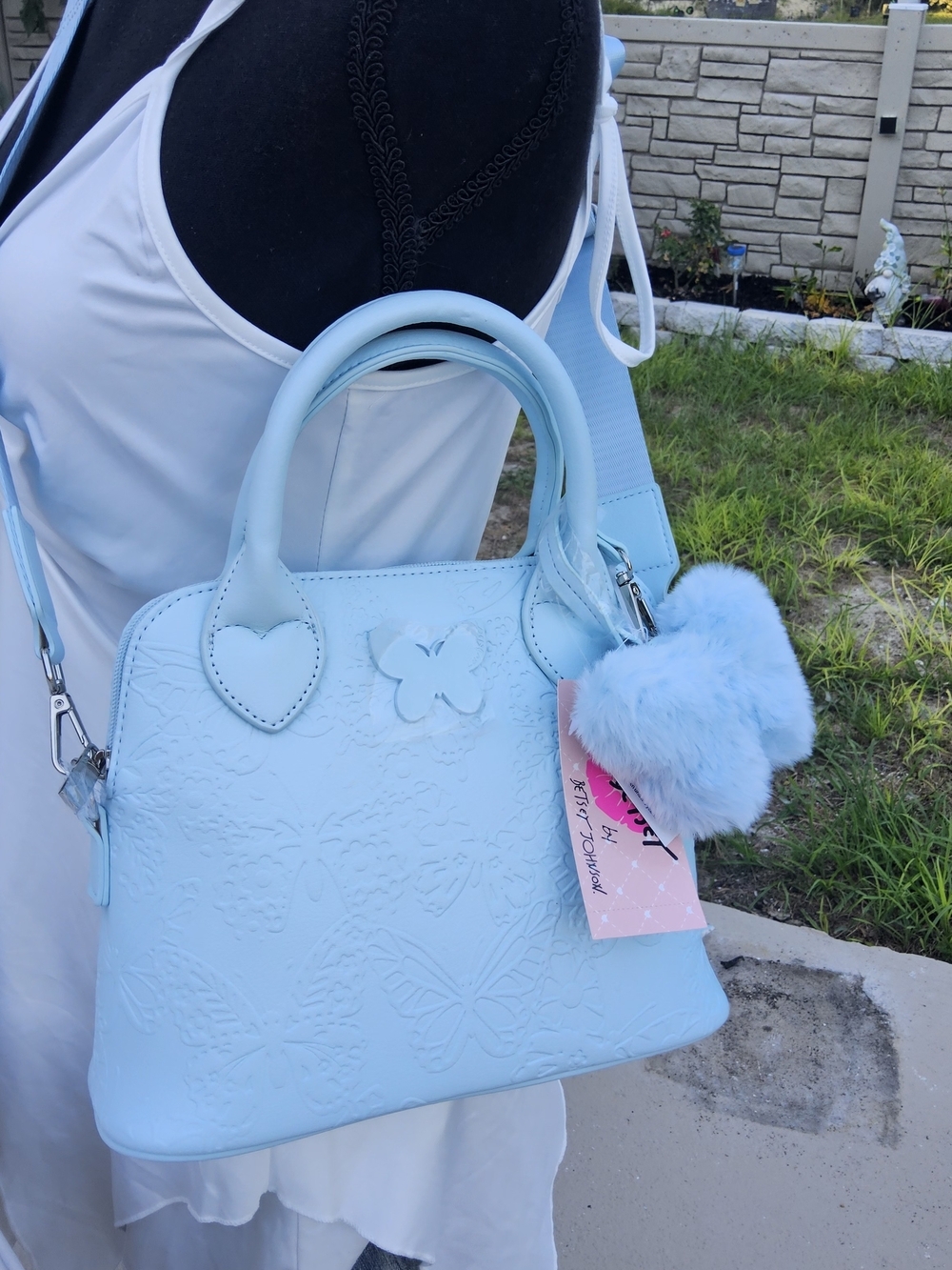 NWT- Light Blue Women's Satchel Handbag with Heart Handles and Pom-Pom Charm
